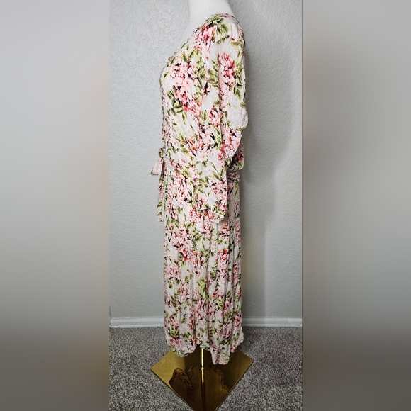 J. Jill Ivory Floral Pebble Hydrangea Garden 3/4 Sleeve V-Neck L Midi Dress - Picture 3 of 8